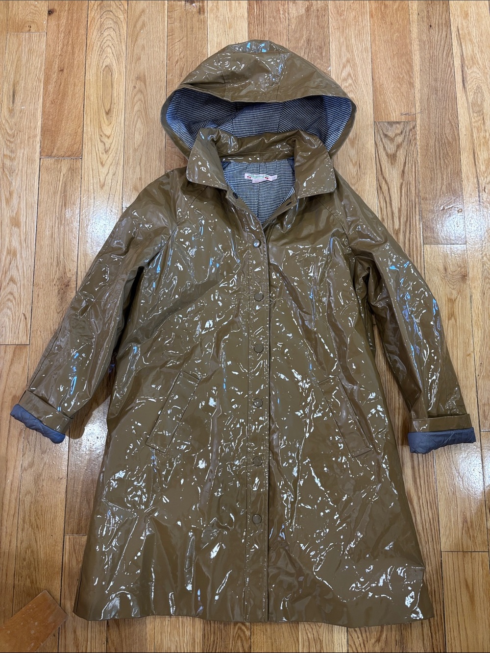 Bonpoint Glossy Hooded Trench Coat in Olive Brown